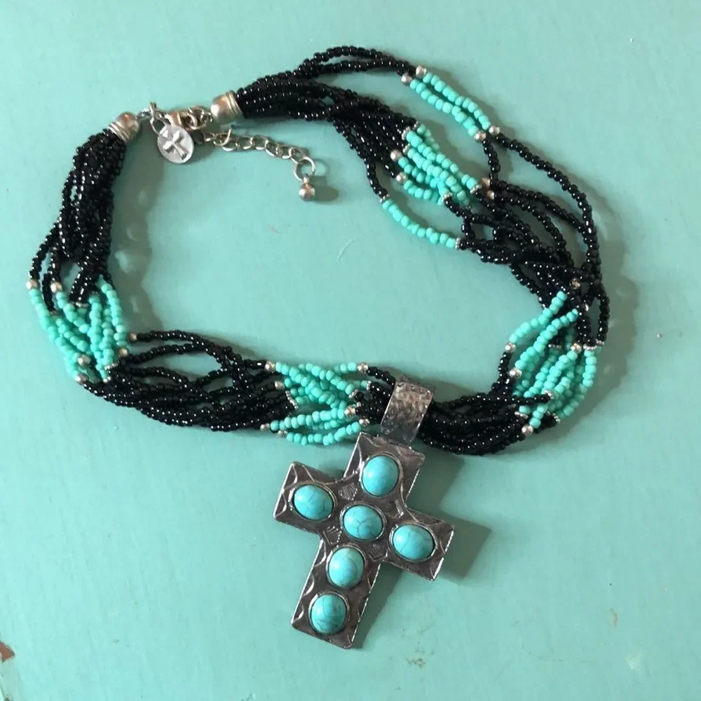 WEST & CO Cross Beaded Faux Turquoise Necklace